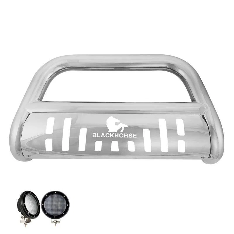CBS-GMC3105SP-PLFB – BLACK HORSE Bull Bar, 2-1/2 Inch Diameter Tube Polished Stainless Steel With Skid Plate With 1 S...